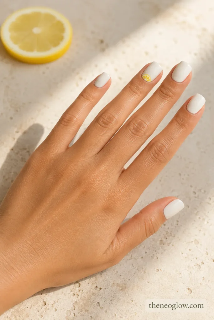 Short soft-square creamy white nails with one miniature lemon-slice accent on light-medium olive skin.