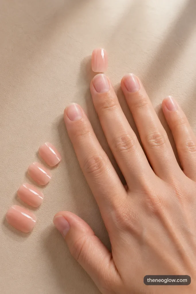 Natural hand beside rosy-nude press-on tips arranged by finger size on a beige sizing mat.