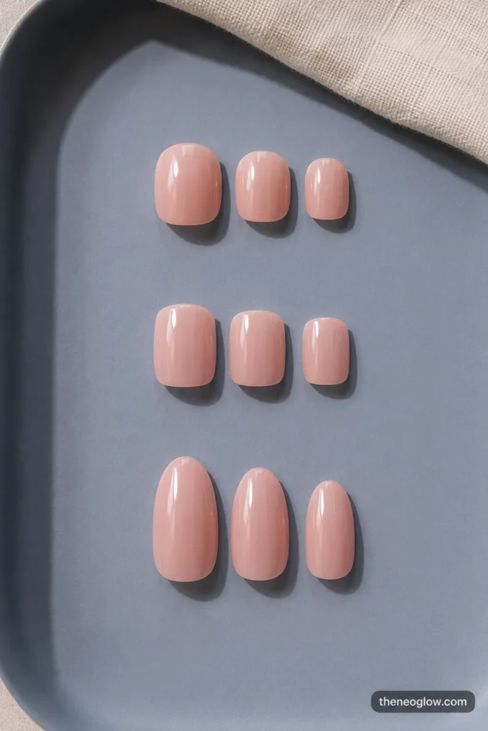 Short round, short squoval, and medium oval rosy-nude press-on tips arranged in separate groups on a blue-gray tray.