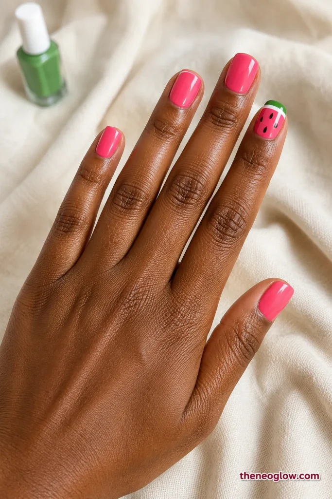 Short square watermelon-pink nails with one green-tipped accent nail and tiny black seed dots.