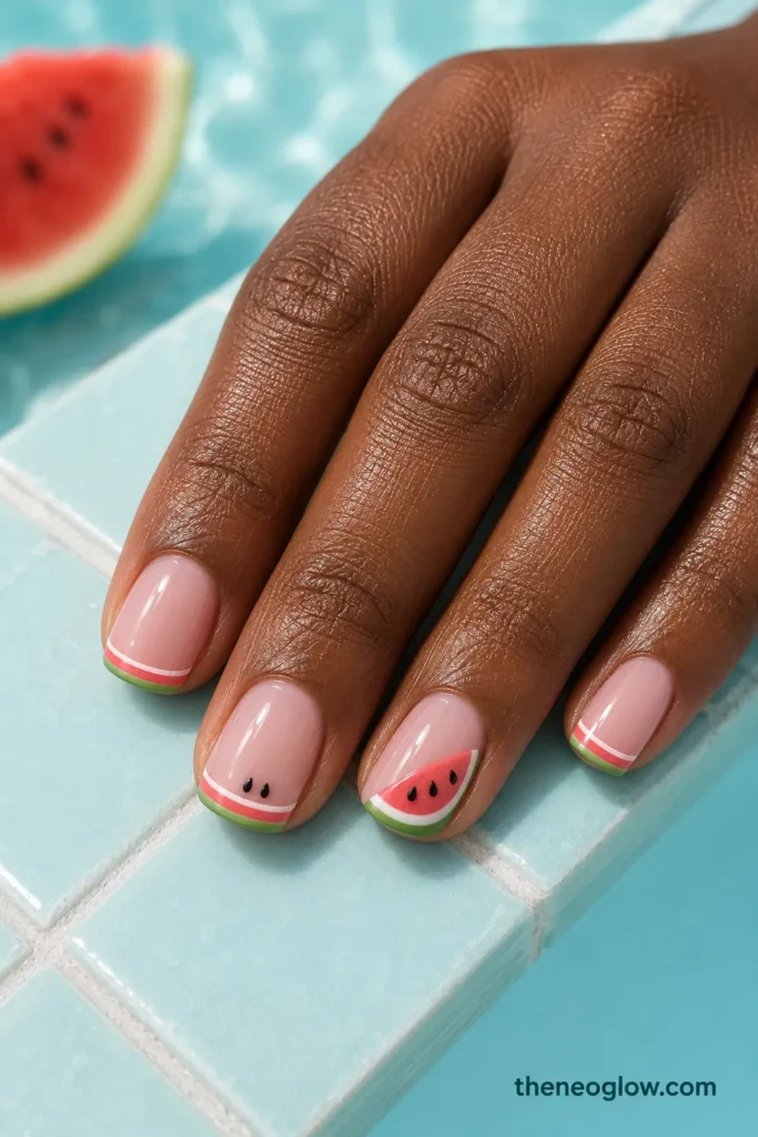 Short square nails with coral watermelon French tips and one restrained watermelon-slice accent.