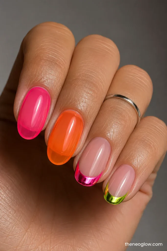 Coordinated neon nails comparing translucent jelly color with reflective chrome French tips.