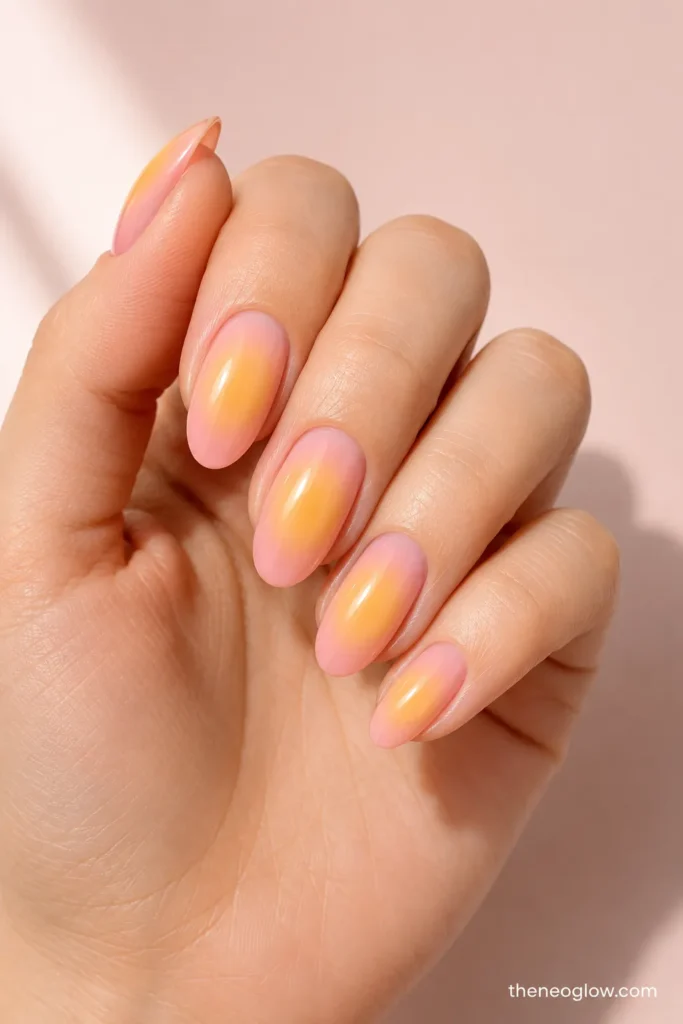 Glossy medium oval nails with warm yellow centers diffusing into translucent soft-pink edges.