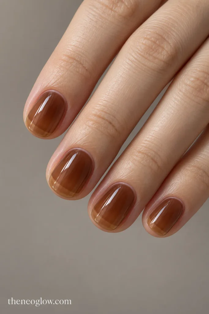 Short rounded nails with a translucent amber-brown jelly finish.