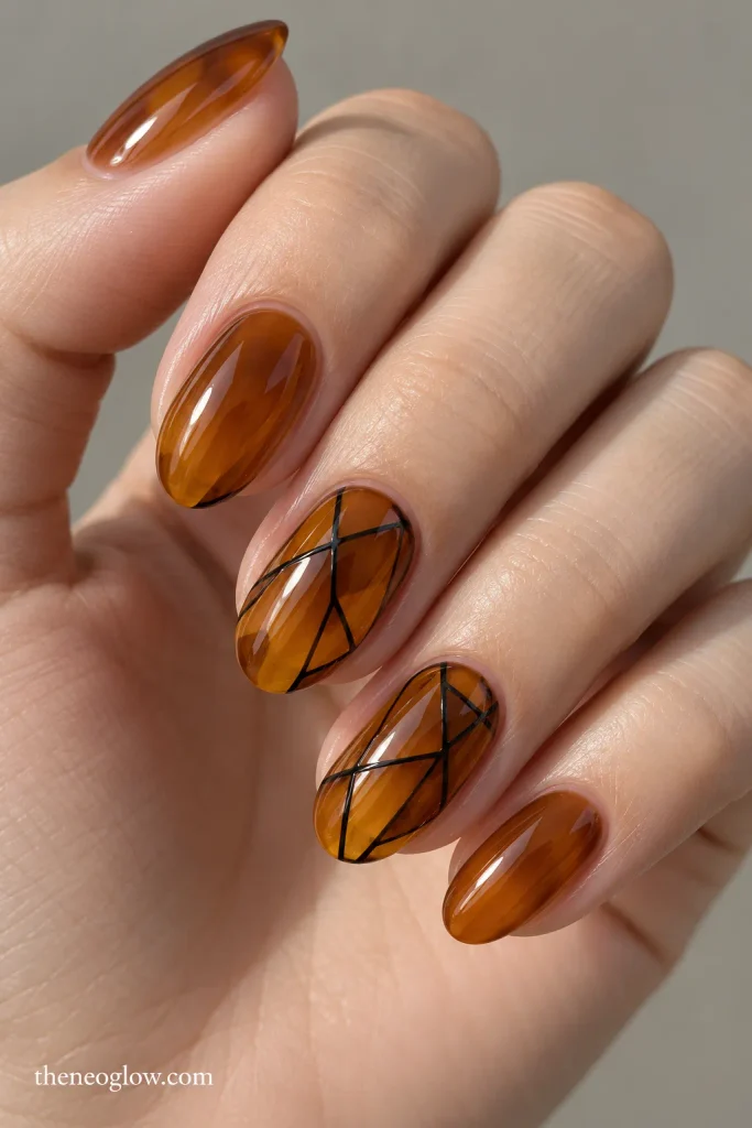 Warm amber translucent nails with thin black facet lines that create a crystal-like glass effect. witch nails