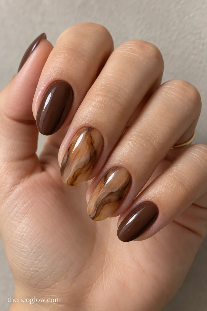 Medium oval nails with translucent amber marble accents and deep taupe-brown solids.