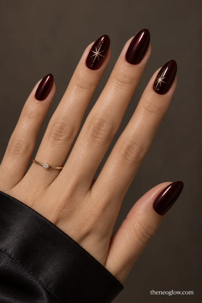 Black-cherry almond nails with asymmetric champagne starburst accents.