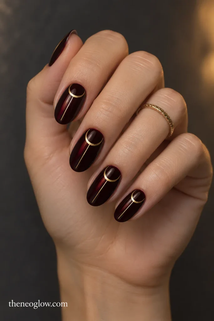 Medium oval black-cherry nails with slim gold ornament crescent details.