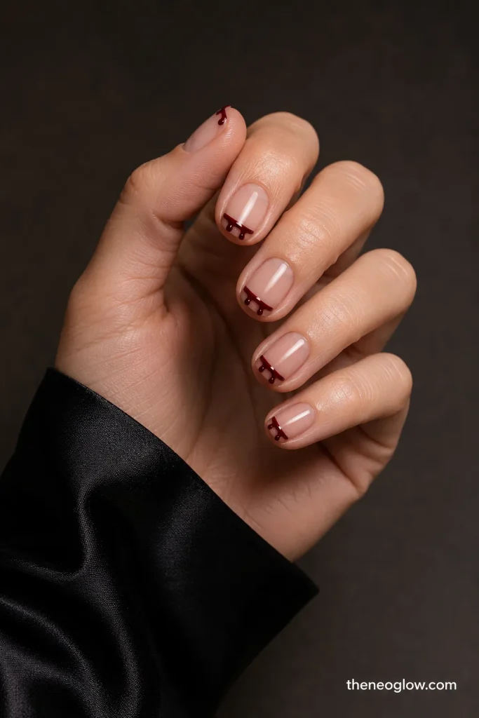 Very short square nails with sheer nude bases and narrow glossy black-cherry drip tips.