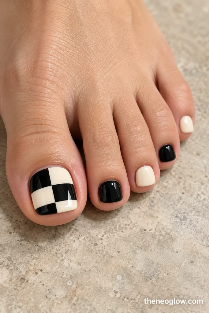 Broad black-and-cream checker pattern on the big toenail with alternating solid smaller toes