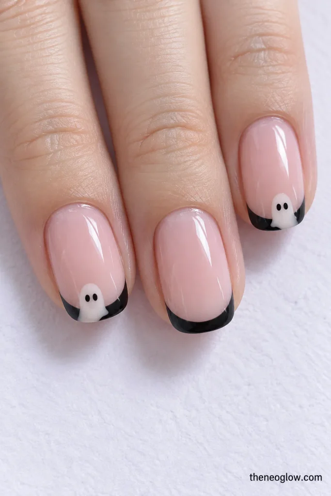 Sheer pink nails with narrow black French tips and rounded ghost-shaped cutouts.