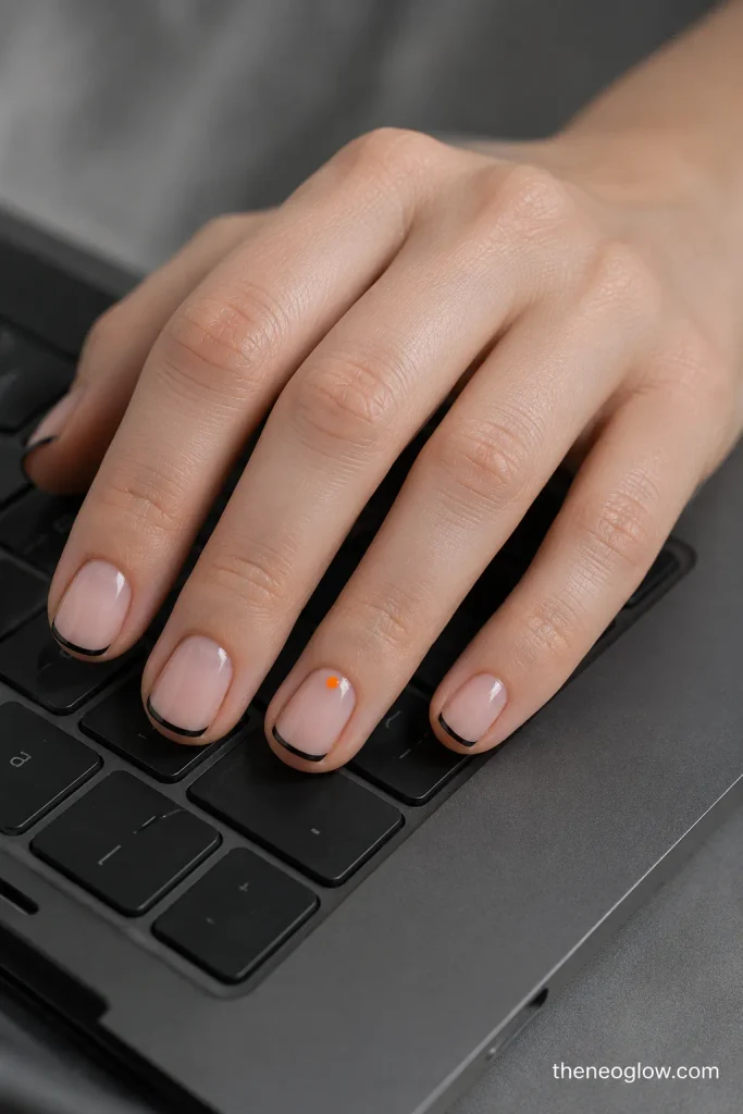 Very short squoval nails with thin black tips and one tiny orange cuticle dot typing on a dark keyboard.