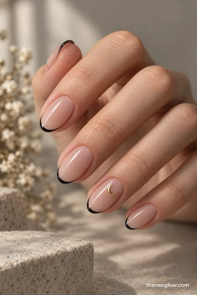 Sheer neutral nails with ultra-thin black French tips and one small muted-gold crescent.