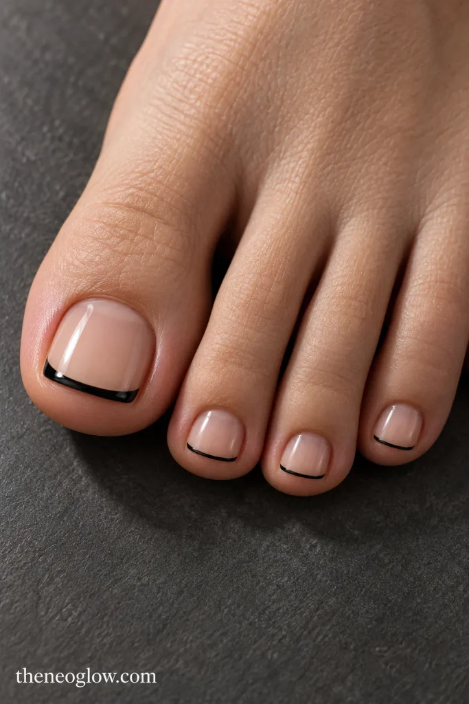 Short toenails with a sheer nude base and fine glossy black micro French tips