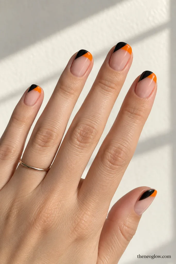 Sheer nude nails with diagonally split black and orange French tips.