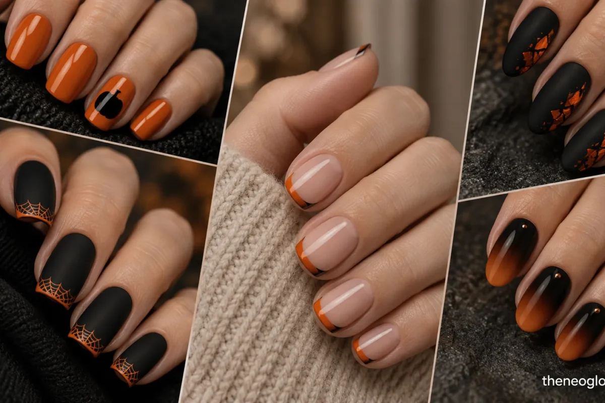 Five-zone collage of black and orange manicures with a pumpkin silhouette, matte orange web tips, orange chrome shards, micro French tips, and black-to-orange ombré.