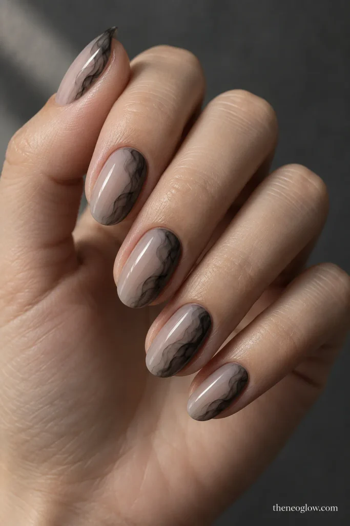 Nude-gray nails with wispy black smoke blended along one sidewall of each nail.