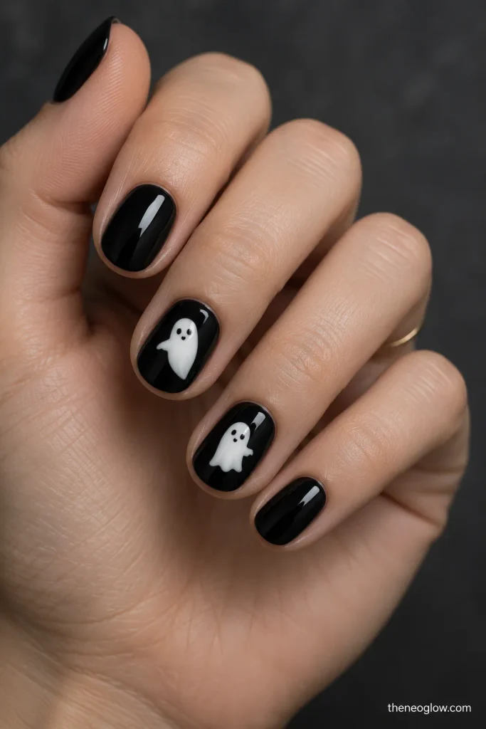 Short glossy black nails with compact white floating ghost accents.