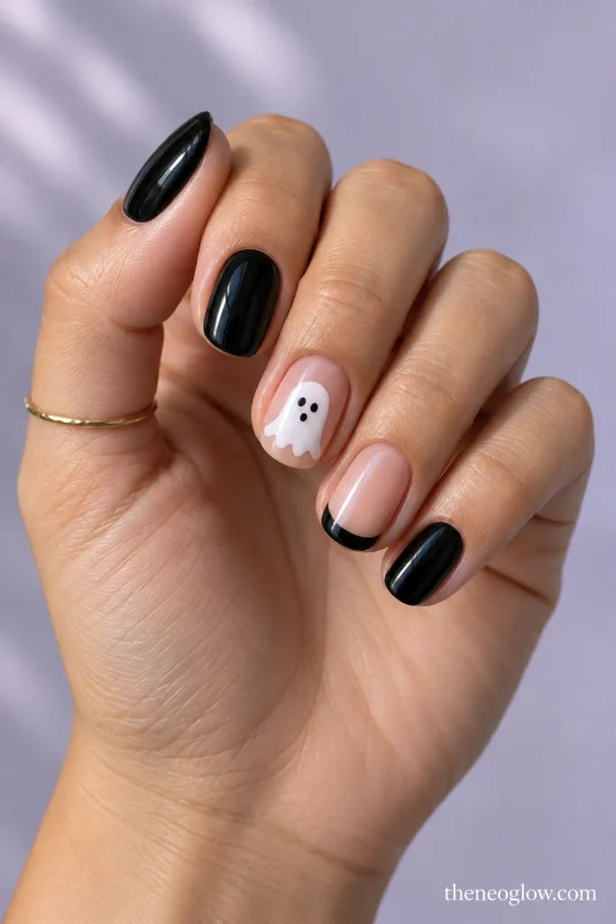 Black-and-white press-on manicure with glossy black nails, sheer ghost accents, and a black micro French tip. cute ghost nails 