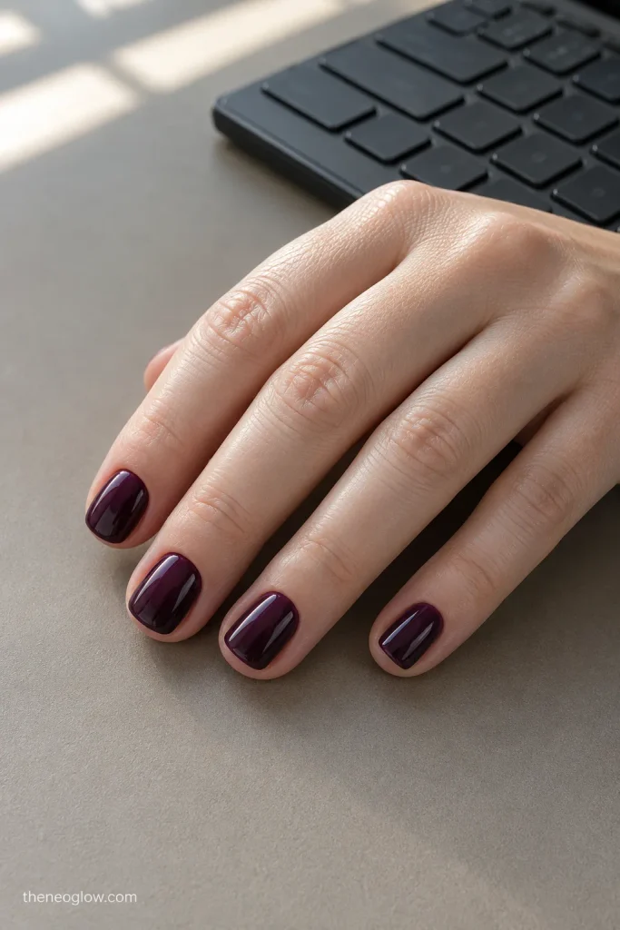 Short squoval nails with glossy translucent blackberry jelly polish resting beside a dark keyboard. halloween nails 2026 