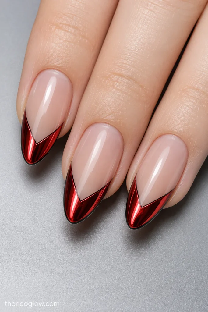 Three medium almond nails with reflective red V-tips, translucent bases, and fine black outlines.