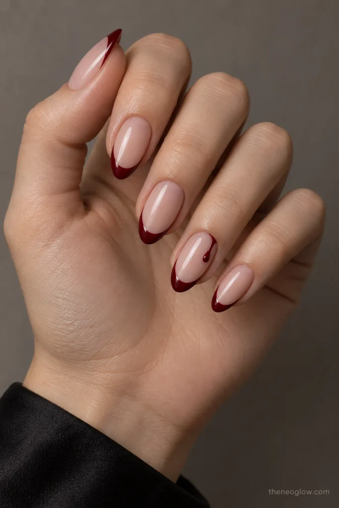 Ruby-black almond nails with narrow diagonal red magnetic cat-eye beams.