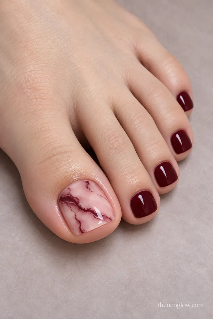 Blush big toenail with broad burgundy marble veins and solid burgundy smaller toes.