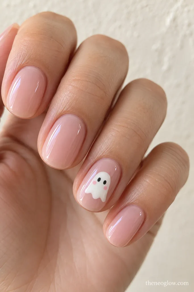 Sheer blush nails with a small white ghost, black eyes, and tiny pink cheeks.