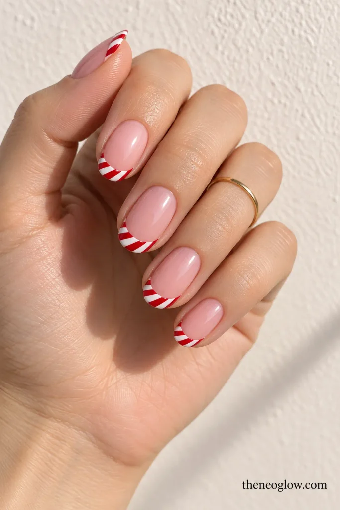 Blush pink nails with red-and-white peppermint-striped French tips.