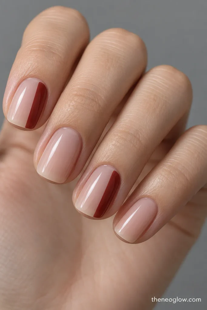 Sheer neutral nails with clean brick-red side blocks and open negative space.