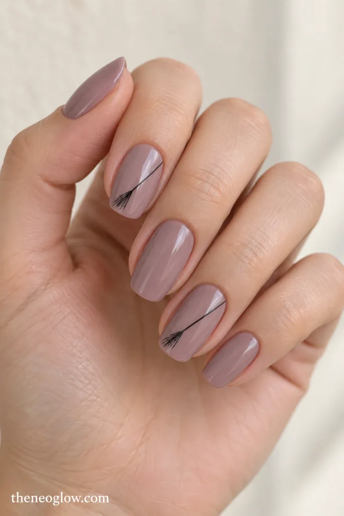 Smoky beige nails with a delicate diagonal broomstick motif on an accent nail.