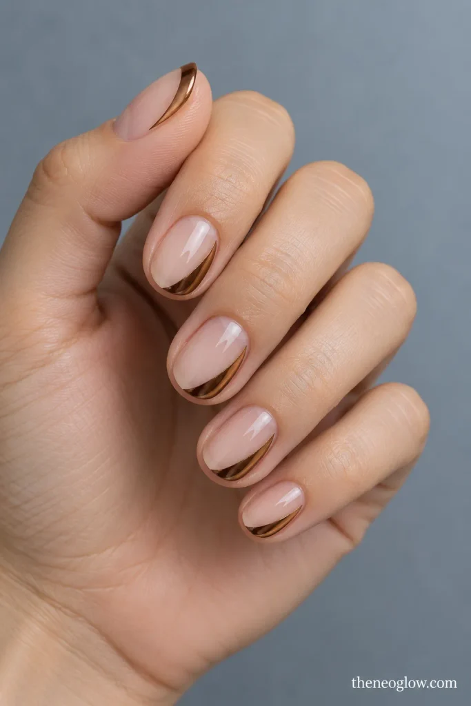 Short oval sheer nails with asymmetric bronze-brown chrome side French tips.