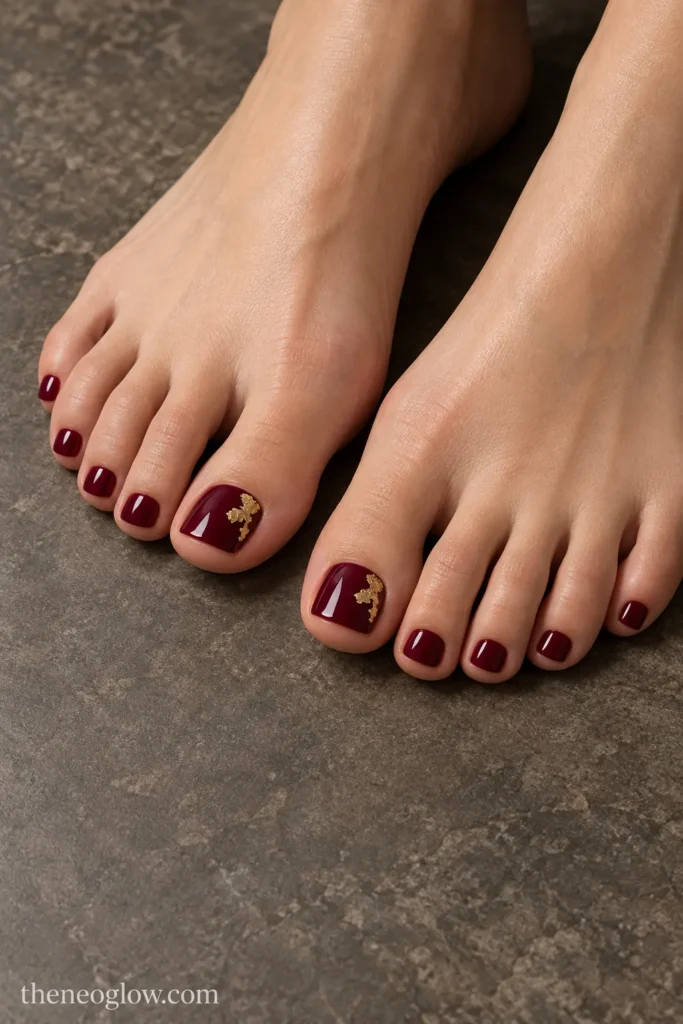 Glossy burgundy pedicure with a small antique-gold foil accent at one corner of each big toenail.