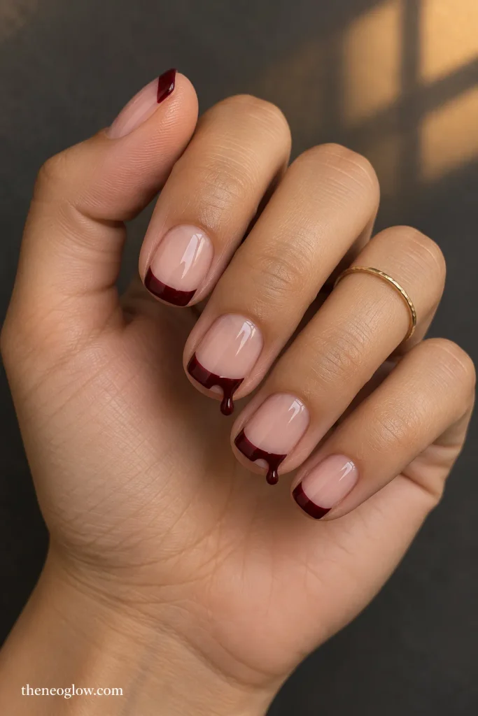 Short squoval nails with sheer nude bases and glossy burgundy drip tips.