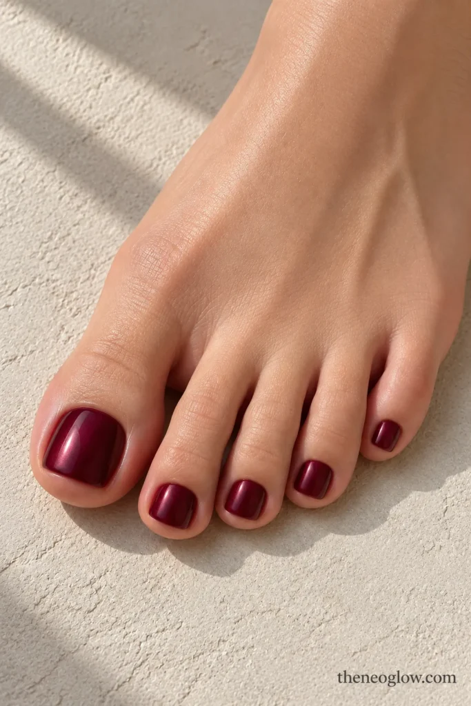Burgundy pedicure with a smooth fine pearl veil and subtle luminous reflection.
