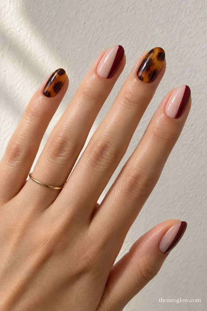 Mixed manicure with two tortoiseshell nails and narrow burgundy side blocks over sheer neutral nails.