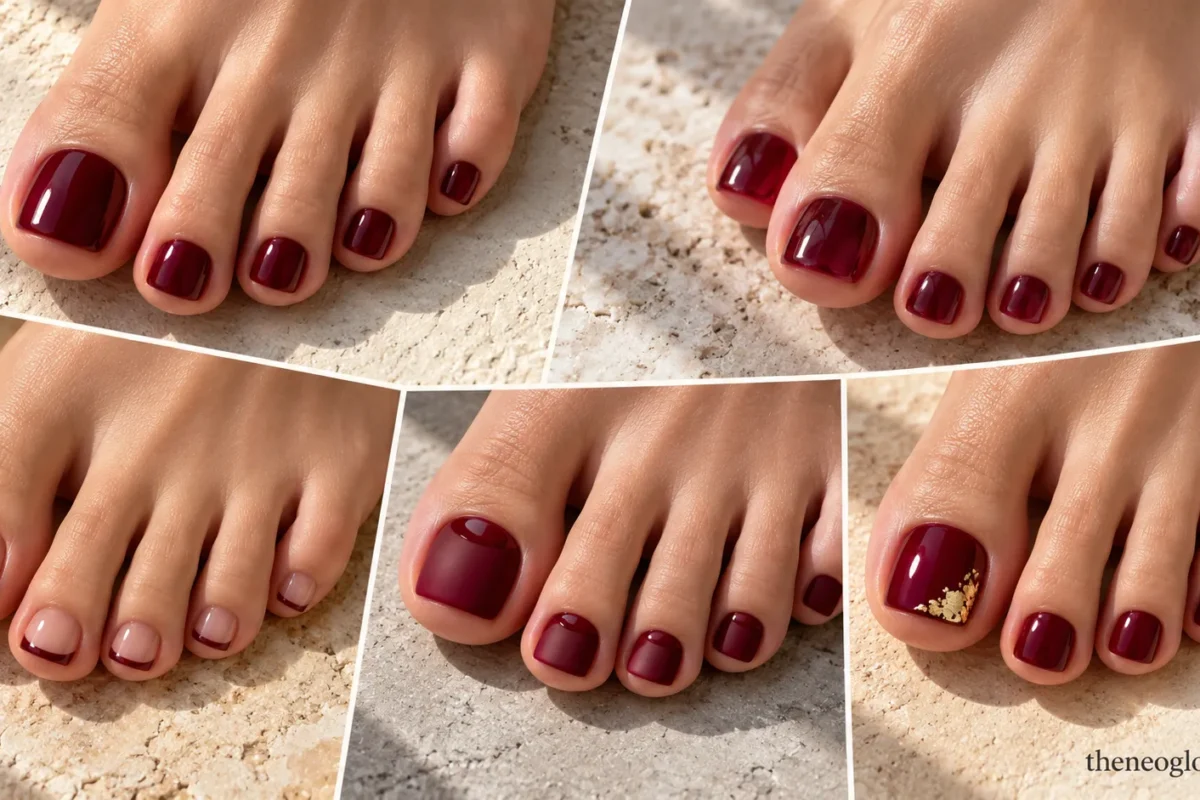 Editorial collage of burgundy pedicures showing glossy wine, jelly, micro French, matte tonal and gold-accent finishes.