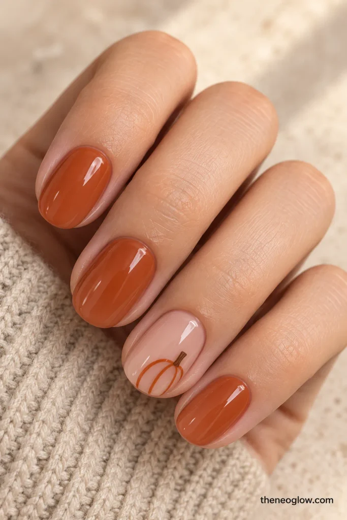 Burnt-apricot nails with one nude accent showing a cropped pumpkin outline and short brown stem.