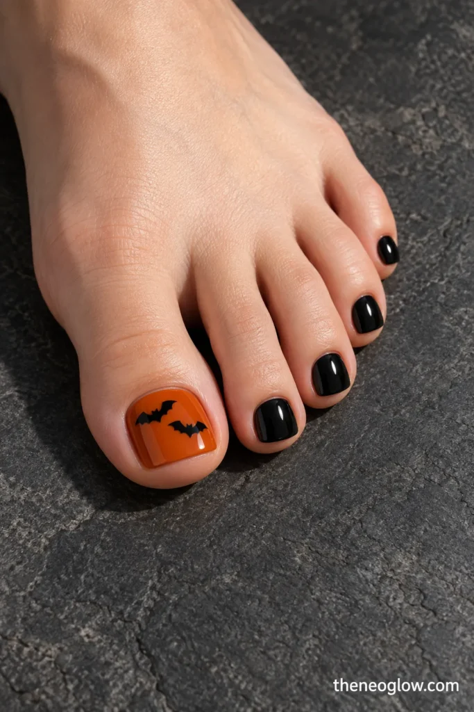 Burnt-orange big toenail with two black bat silhouettes and glossy black smaller toenails