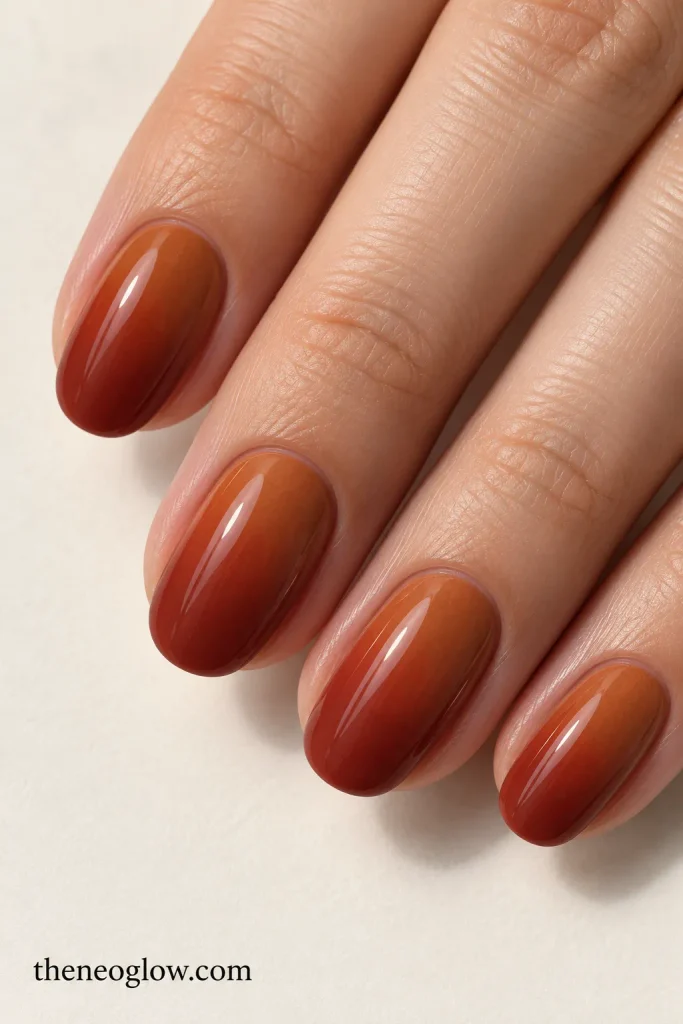Medium oval nails fading from burnt sienna into deeper terracotta. fall nails