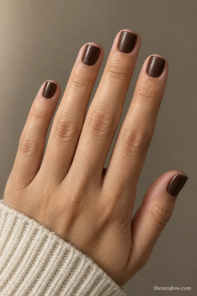 Very short square nails with a deep cacao-brown satin finish.