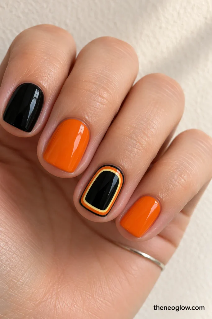 Short black and orange nails with one narrow candy-corn border accent using slim cream and yellow bands.