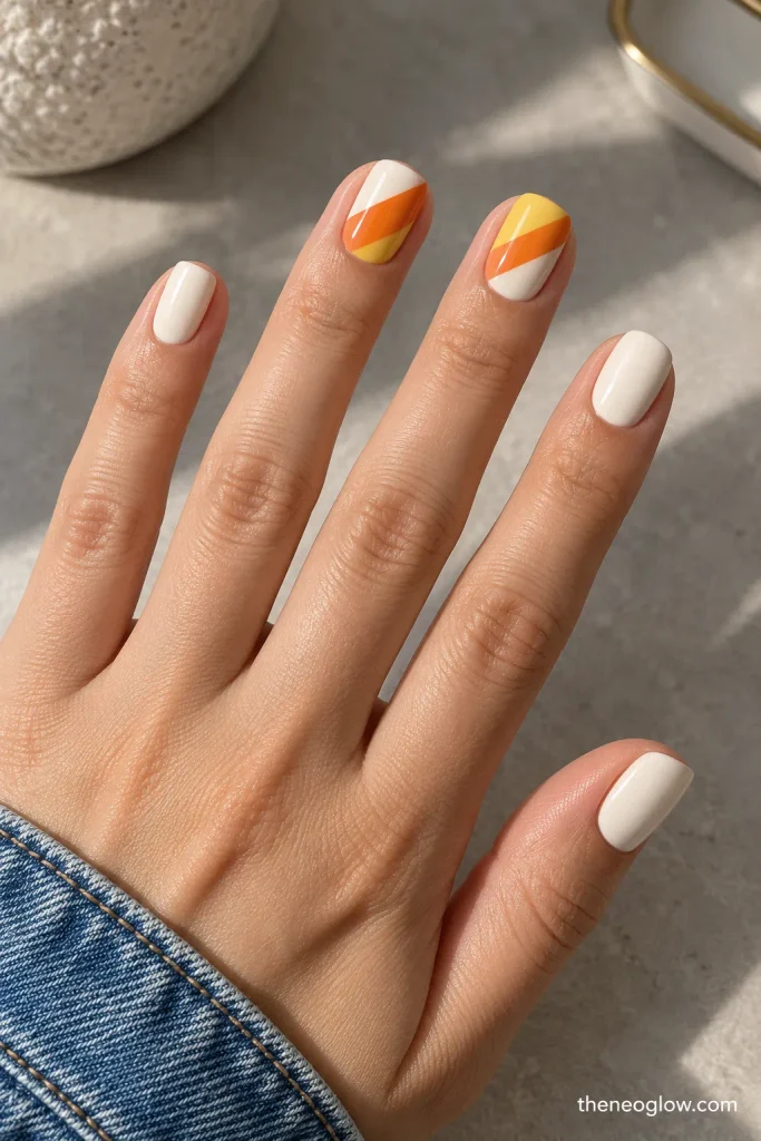 Short squoval nails with crisp white, orange, and yellow candy-corn color blocks on two accent nails.