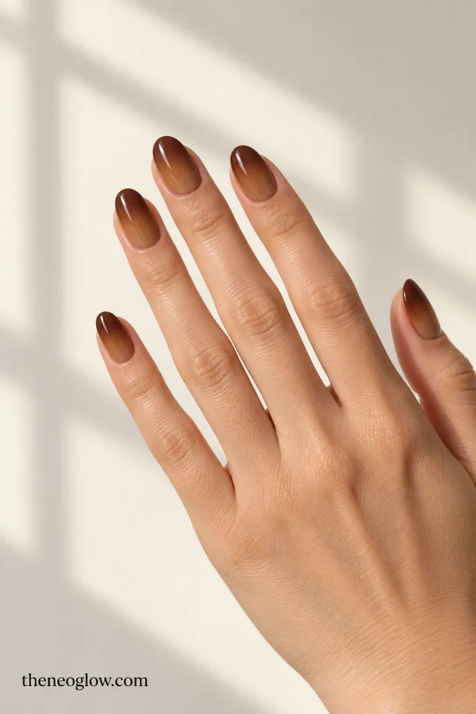 Deep espresso brown magnetic nails with a narrow cat-eye beam. brown nails