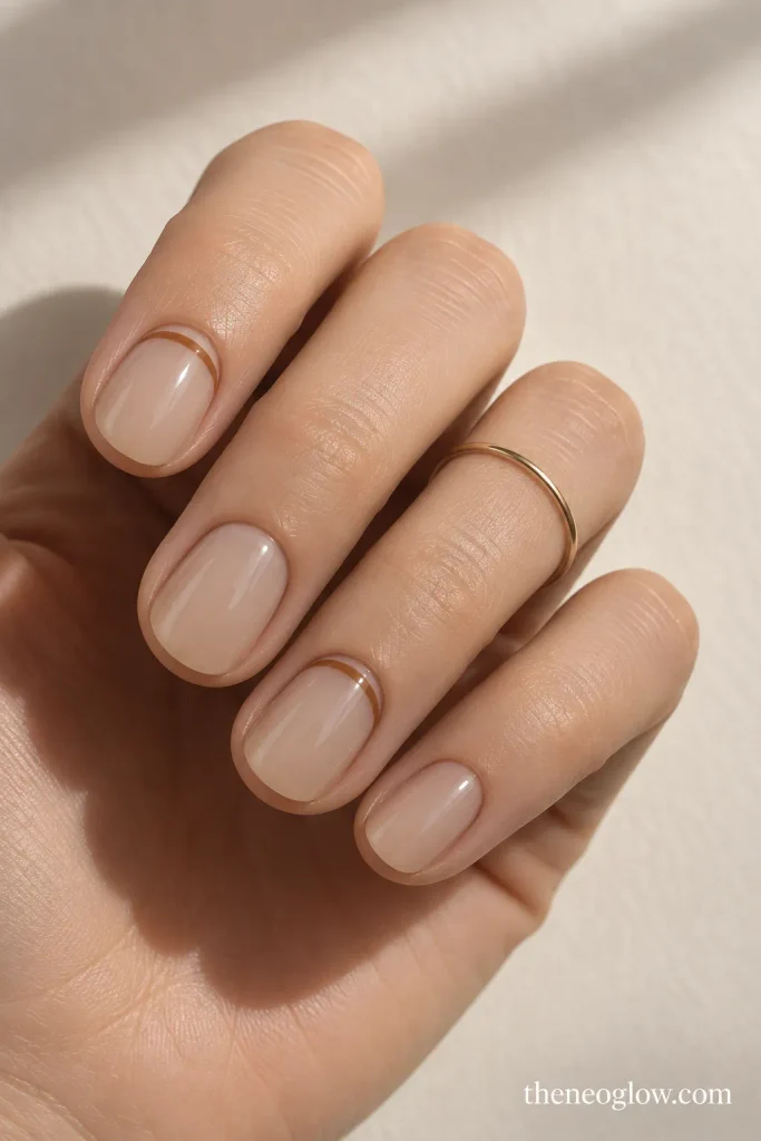 Short round neutral nails with shallow caramel cuticle slivers on two accent nails.