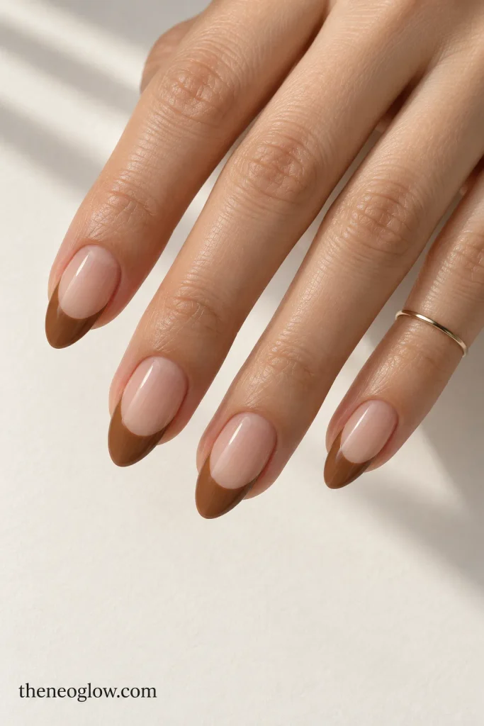 Deep espresso brown magnetic nails with a narrow cat-eye beam.
