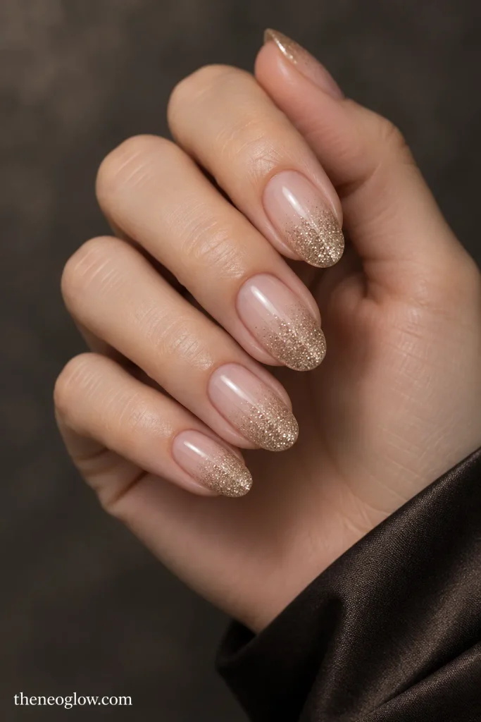 Medium oval sheer-neutral nails with fine champagne glitter fading from the tips.