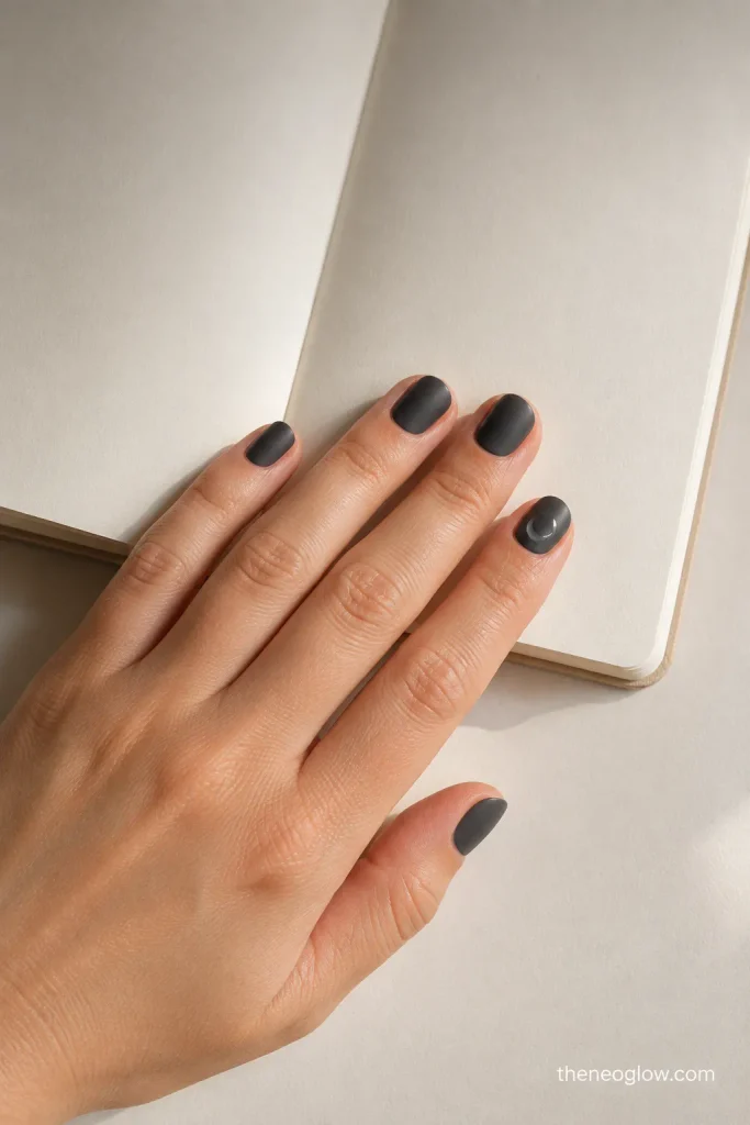 Short oval charcoal matte nails with a small glossy crescent moon accent resting beside an open notebook.
