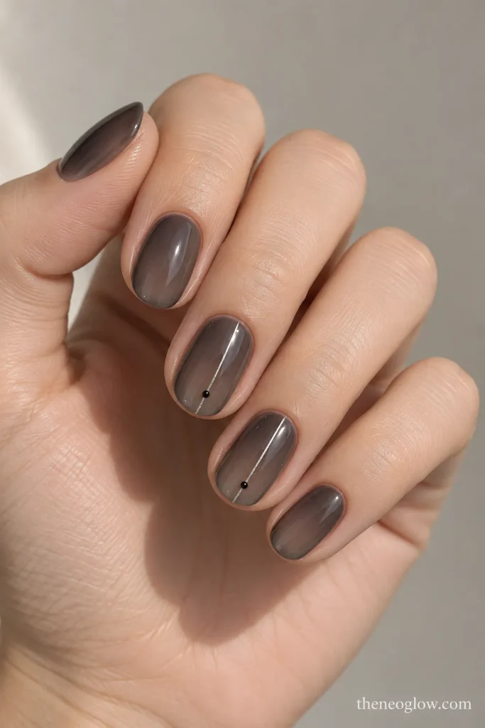 Short translucent charcoal oval nails with a thin silver vertical line and a tiny black dot accent.