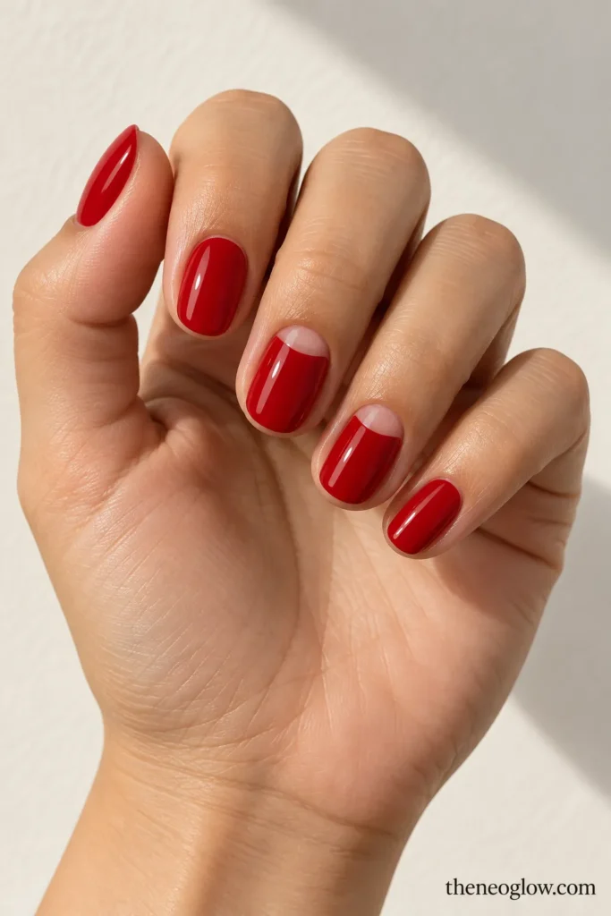 Glossy cherry-red nails with small bare half-moon accents near the cuticles.